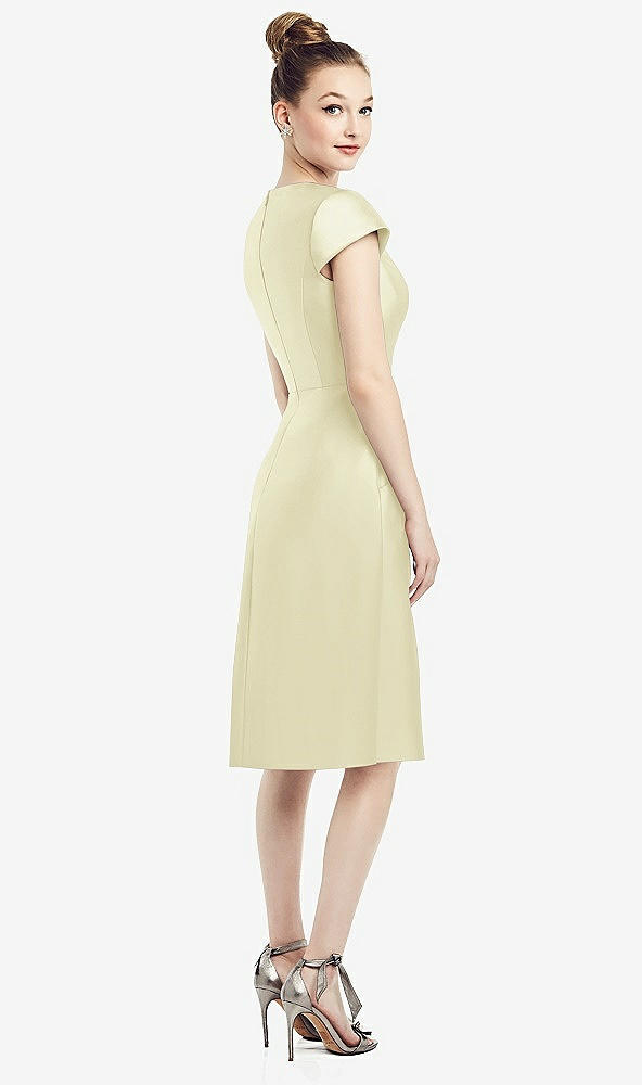 Back View - Butter Yellow Cap Sleeve V-Neck Satin Midi Dress with Pockets