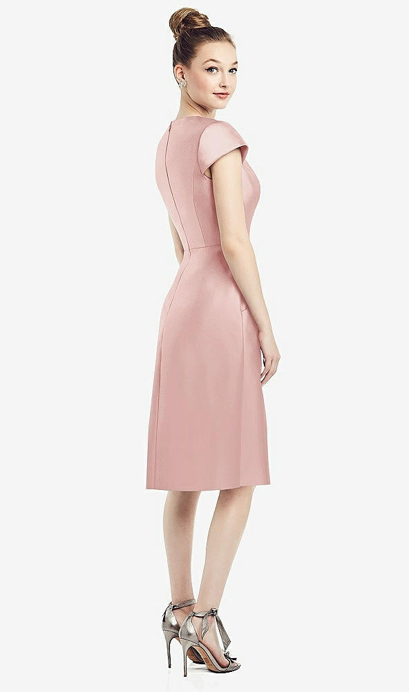 Back View - Rose Cap Sleeve V-Neck Satin Midi Dress with Pockets