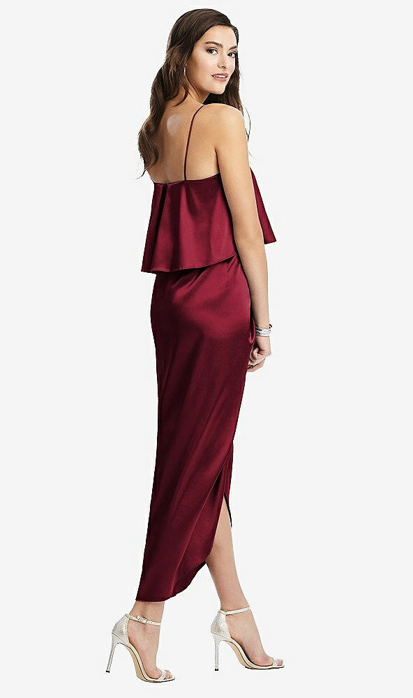 Back View - Burgundy Popover Bodice Midi Dress with Draped Tulip Skirt