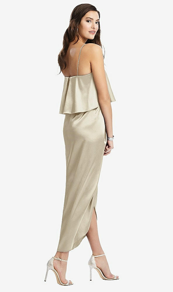 Back View - Champagne Popover Bodice Midi Dress with Draped Tulip Skirt