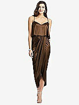 Front View Thumbnail - Latte Popover Bodice Midi Dress with Draped Tulip Skirt