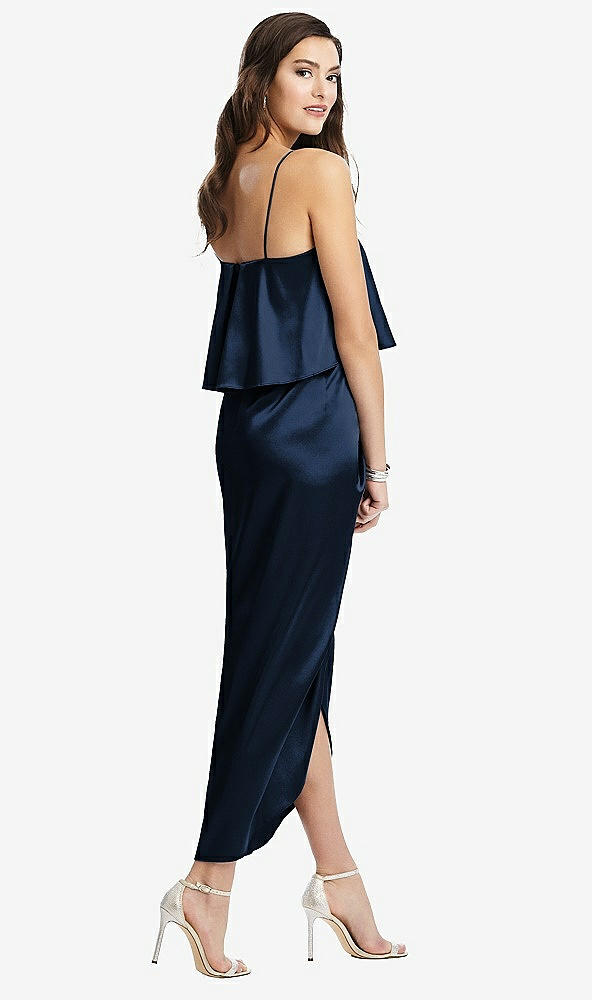 Back View - Midnight Navy Popover Bodice Midi Dress with Draped Tulip Skirt