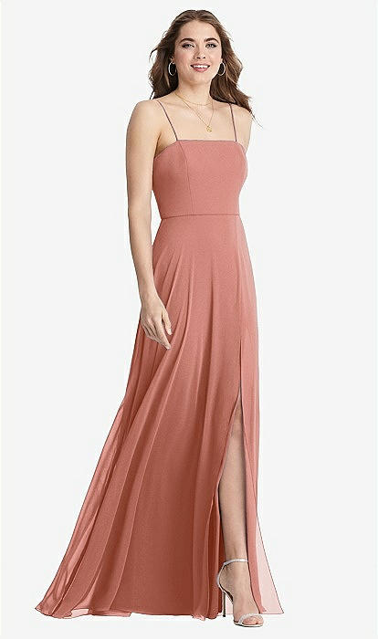 Square Neck Chiffon Maxi Bridesmaid Dress With Front Slit - Elliott In  Desert Rose