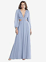 Front View Thumbnail - Sky Blue Bishop Sleeve Ruffled Chiffon Cutout Maxi Dress - Harlow