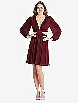 Alt View 1 Thumbnail - Cabernet Bishop Sleeve Ruffled Chiffon Cutout Mini Dress - Hannah