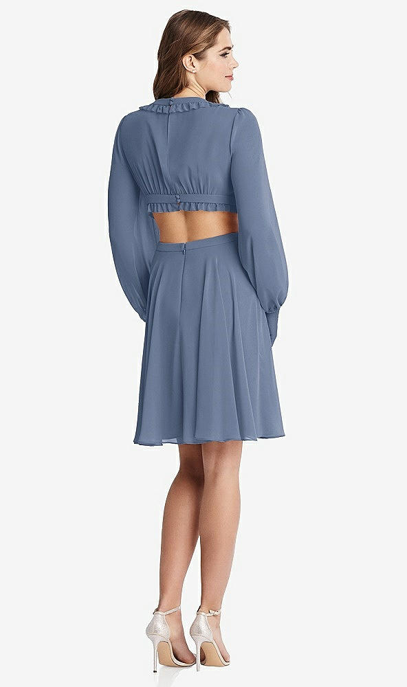 Back View - Larkspur Blue Bishop Sleeve Ruffled Chiffon Cutout Mini Dress - Hannah