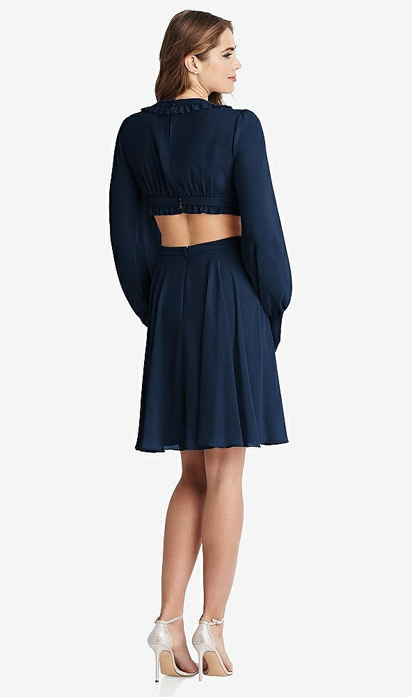 Back View - Midnight Navy Bishop Sleeve Ruffled Chiffon Cutout Mini Dress - Hannah