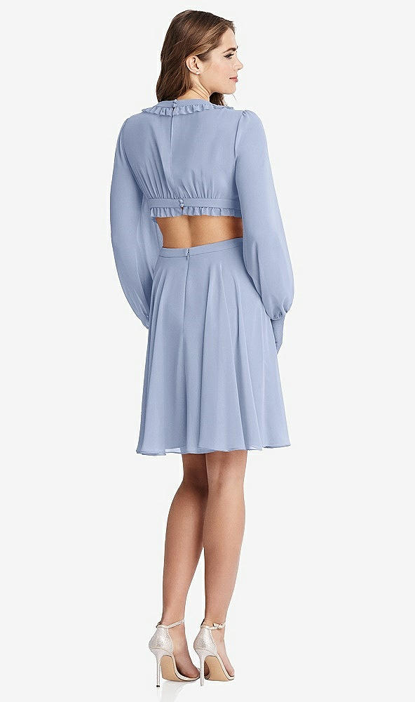 Back View - Sky Blue Bishop Sleeve Ruffled Chiffon Cutout Mini Dress - Hannah