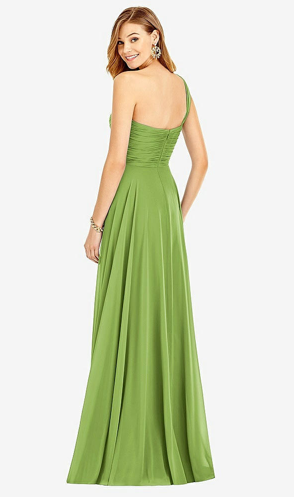 Back View - Peridot Green One-Shoulder Draped Chiffon Maxi Dress - Dani