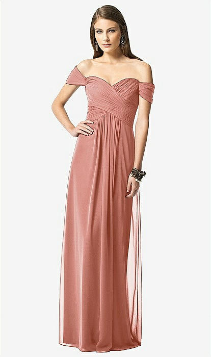 Off-the-shoulder Ruched Chiffon Maxi Bridesmaid Dress - Alessia In Desert Rose | The Dessy Group Off-the-shoulder Ruched Chiffon Maxi Bridesmaid Dress - Alessia In Desert Rose | The Dessy Group