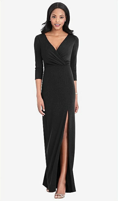 3/4 Sleeve V-back Draped Wrap Maxi Bridesmaid Dress - Yara In Black
