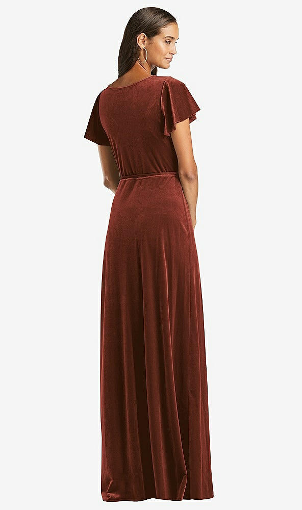 Back View - Auburn Moon Flutter Sleeve Velvet Wrap Maxi Dress with Pockets