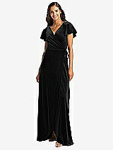 Front View Thumbnail - Black Flutter Sleeve Velvet Wrap Maxi Dress with Pockets