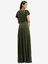 Rear View Thumbnail - Olive Green Flutter Sleeve Velvet Wrap Maxi Dress with Pockets