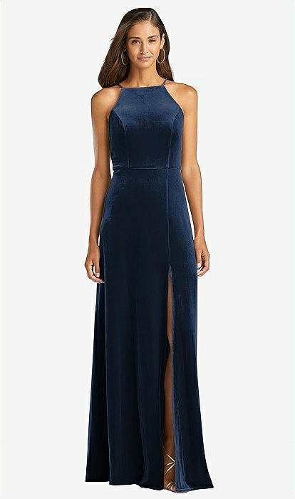 Velvet Halter Maxi Bridesmaid Dress With Front Slit - Harper In Midnight  Navy | The Dessy Group