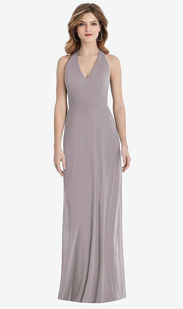 Front View - Cashmere Gray V-Neck Halter Chiffon Maxi Dress - Taryn