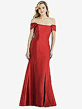 Side View Thumbnail - Poppy Red Off-the-Shoulder Bow-Back Satin Trumpet Gown