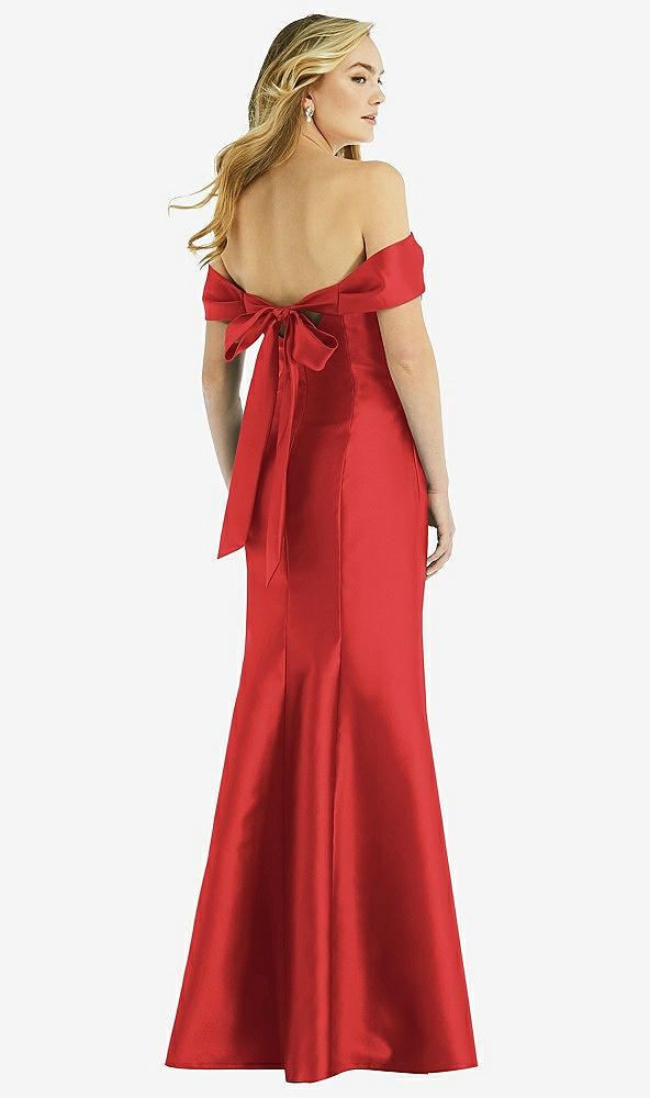 Back View - Poppy Red Off-the-Shoulder Bow-Back Satin Trumpet Gown