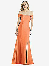 Side View Thumbnail - Portofino Orange Off-the-Shoulder Bow-Back Satin Trumpet Gown