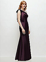 Rear View Thumbnail - Deep Plum Bow One-Shoulder Satin Trumpet Gown