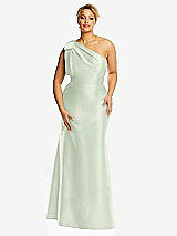 Alt View 4 Thumbnail - Mint Green Bow One-Shoulder Satin Trumpet Gown