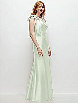 Rear View Thumbnail - Mint Green Bow One-Shoulder Satin Trumpet Gown
