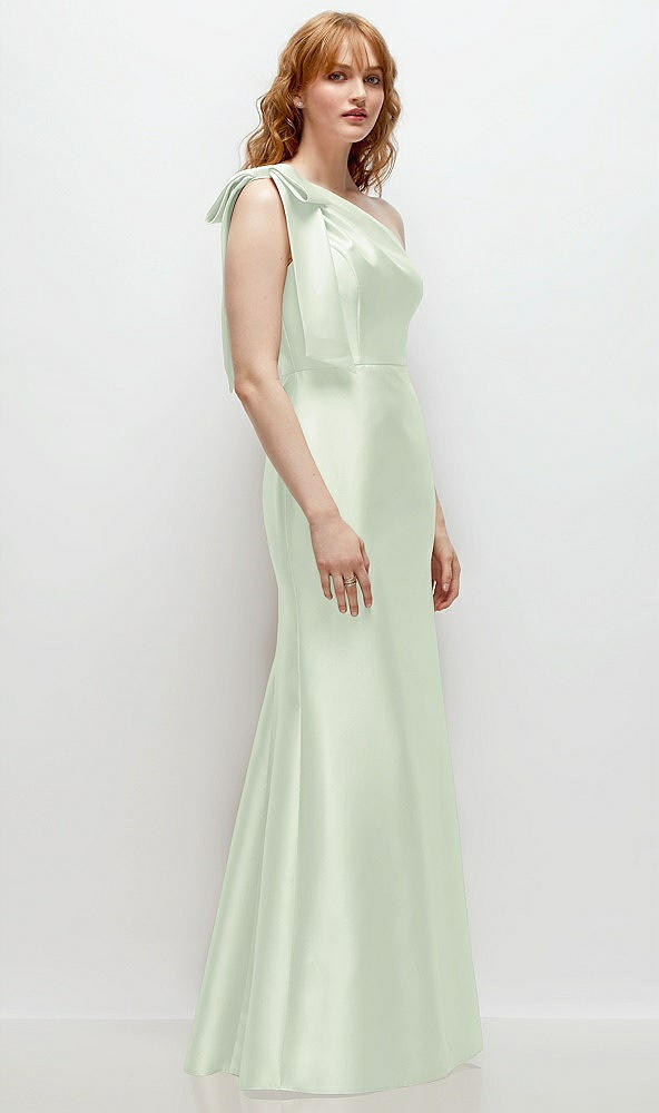 Back View - Mint Green Bow One-Shoulder Satin Trumpet Gown