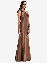 Alt View 3 Thumbnail - Cognac Bow One-Shoulder Satin Trumpet Gown