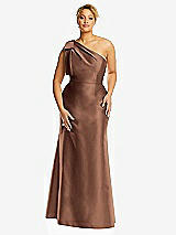 Alt View 4 Thumbnail - Cognac Bow One-Shoulder Satin Trumpet Gown