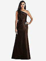 Alt View 1 Thumbnail - Espresso Bow One-Shoulder Satin Trumpet Gown