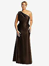 Alt View 4 Thumbnail - Espresso Bow One-Shoulder Satin Trumpet Gown