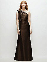 Front View Thumbnail - Espresso Bow One-Shoulder Satin Trumpet Gown