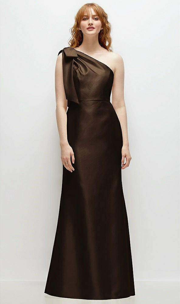 Front View - Espresso Bow One-Shoulder Satin Trumpet Gown