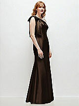 Rear View Thumbnail - Espresso Bow One-Shoulder Satin Trumpet Gown