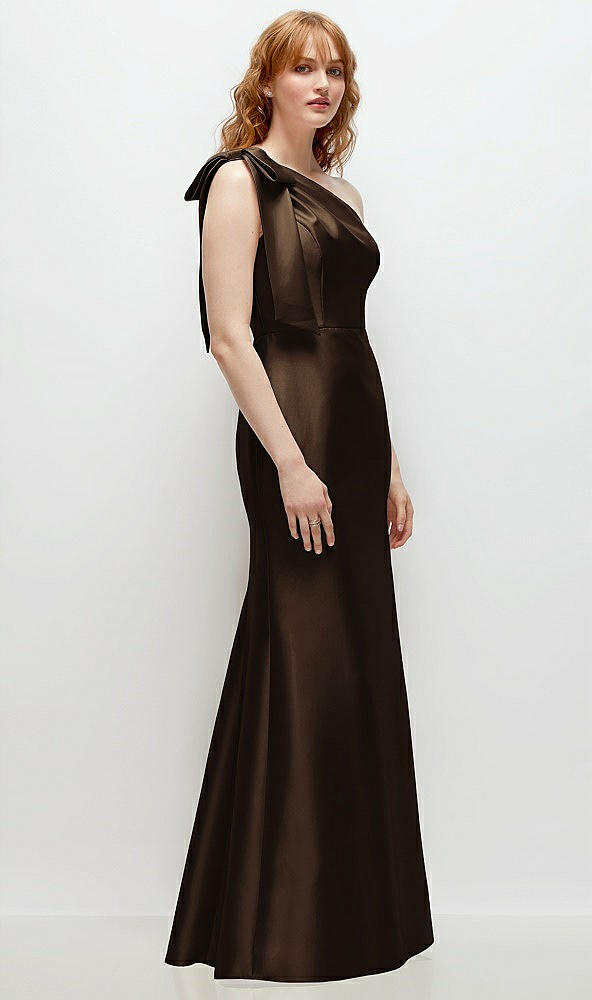 Back View - Espresso Bow One-Shoulder Satin Trumpet Gown