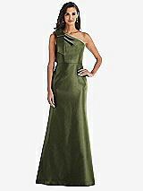 Alt View 1 Thumbnail - Olive Green Bow One-Shoulder Satin Trumpet Gown