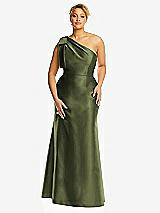 Alt View 4 Thumbnail - Olive Green Bow One-Shoulder Satin Trumpet Gown