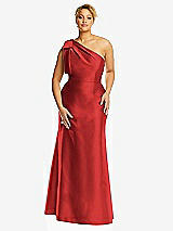 Alt View 4 Thumbnail - Poppy Red Bow One-Shoulder Satin Trumpet Gown