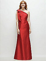 Front View Thumbnail - Poppy Red Bow One-Shoulder Satin Trumpet Gown