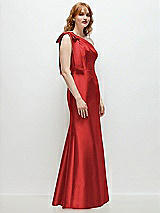Rear View Thumbnail - Poppy Red Bow One-Shoulder Satin Trumpet Gown