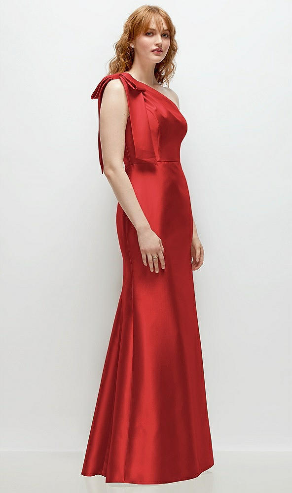 Back View - Poppy Red Bow One-Shoulder Satin Trumpet Gown