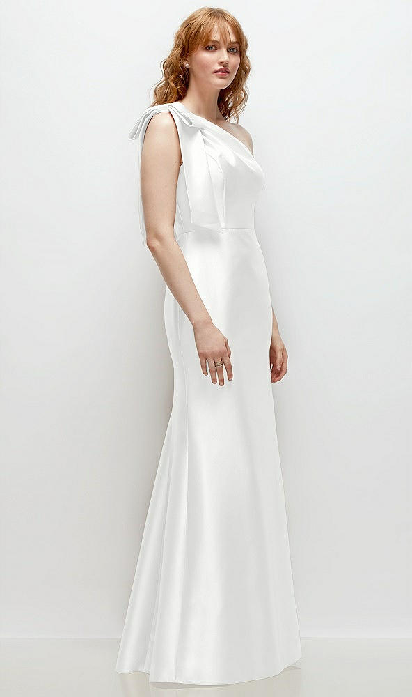 Back View - White Bow One-Shoulder Satin Trumpet Gown