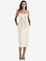Front View Thumbnail - Ivory Strapless Bow-Waist Pleated Satin Pencil Dress with Pockets