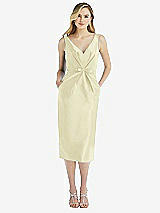 Front View Thumbnail - Butter Yellow Sleeveless Bow-Waist Pleated Satin Pencil Dress with Pockets