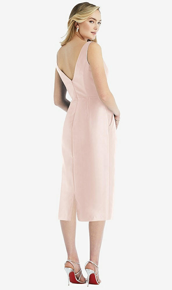 Back View - Blush Sleeveless Bow-Waist Pleated Satin Pencil Dress with Pockets