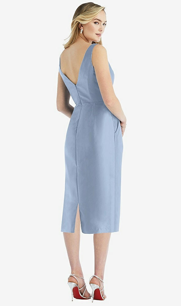 Back View - Cloudy Sleeveless Bow-Waist Pleated Satin Pencil Dress with Pockets