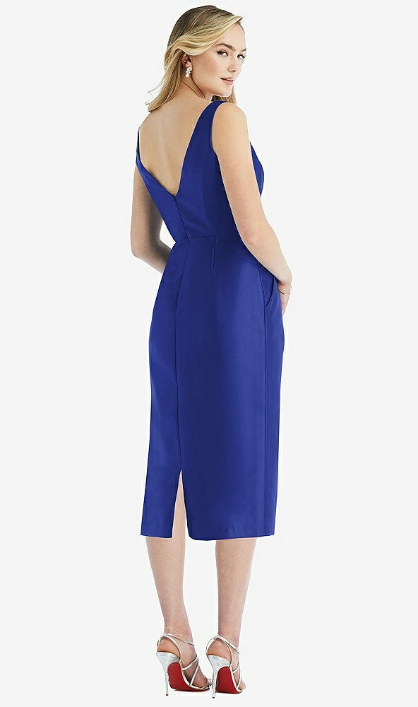 Back View - Cobalt Blue Sleeveless Bow-Waist Pleated Satin Pencil Dress with Pockets