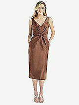 Front View Thumbnail - Cognac Sleeveless Bow-Waist Pleated Satin Pencil Dress with Pockets