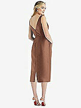 Rear View Thumbnail - Cognac Sleeveless Bow-Waist Pleated Satin Pencil Dress with Pockets