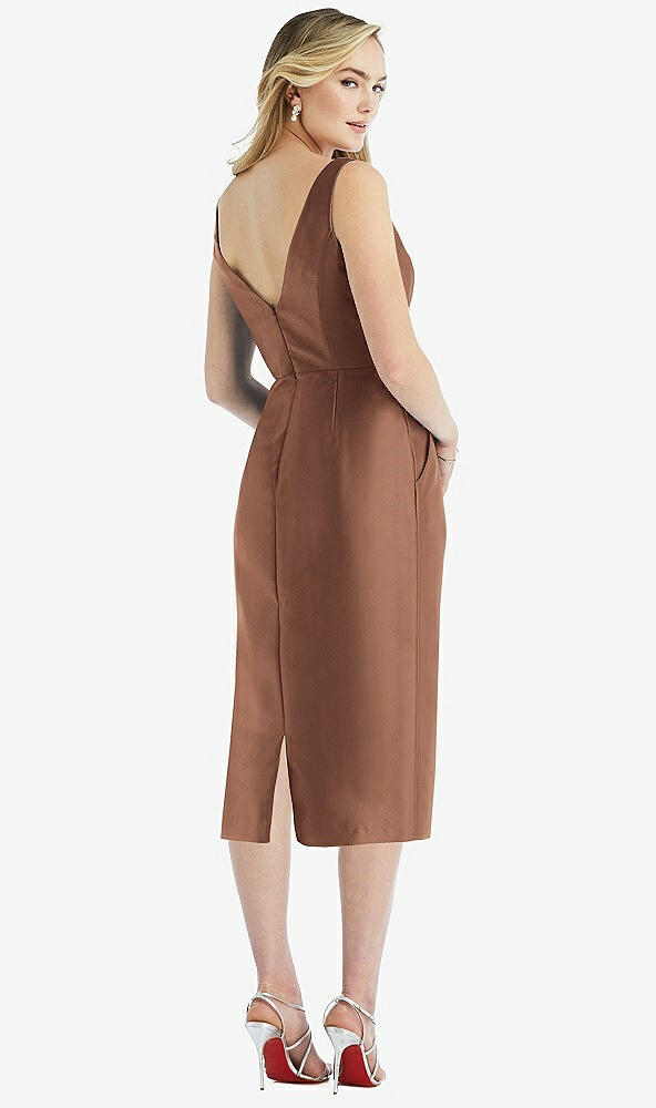 Back View - Cognac Sleeveless Bow-Waist Pleated Satin Pencil Dress with Pockets